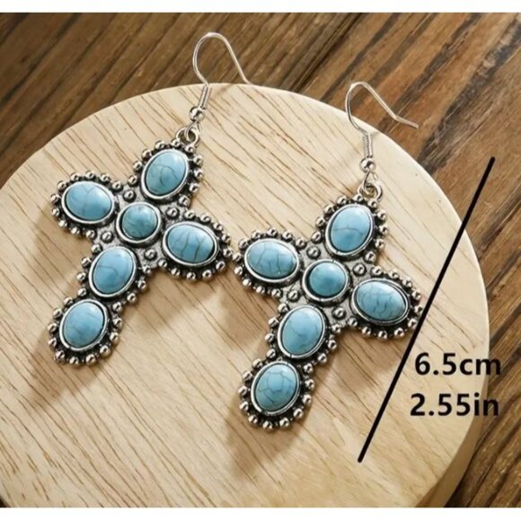 Turquoise Cross Dangle Earrings With Silver Accents NEW - Picture 2 of 3